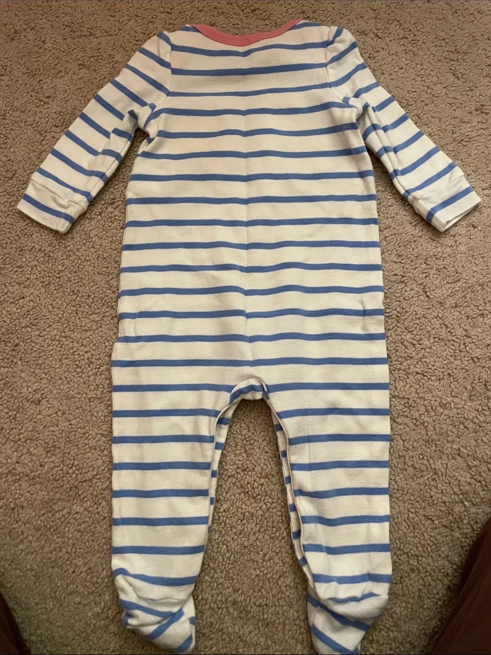 GAP White and Light Blue Striped Infant Footie with Floral Logo
